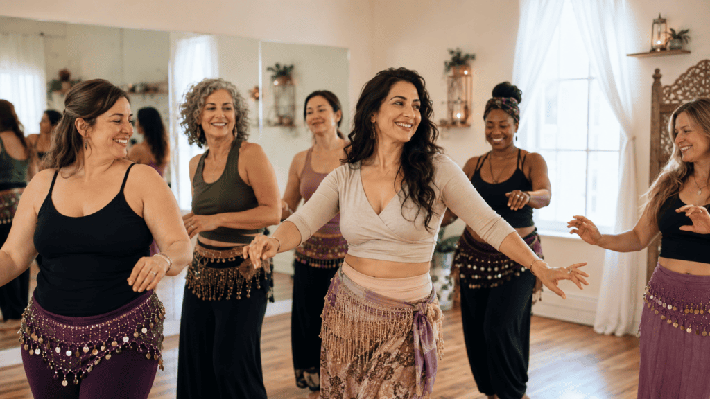 Women smiling together in a welcoming belly dance class in Pretoria, building friendship, confidence and community.