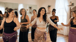 Women smiling together in a welcoming belly dance class in Pretoria, building friendship, confidence and community.